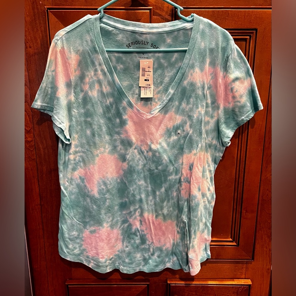 Aeropostale Tie-Dye V-Neck Tee - Blue and Pink
